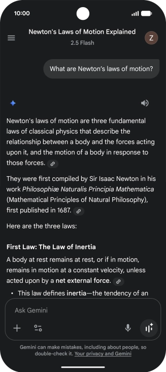 Transcription of the conversation with Gemini Live is now displayed.