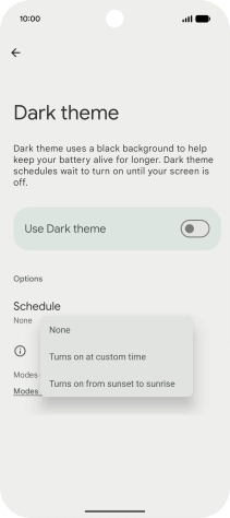 Press the required setting and follow the instructions on the screen to select the required dark mode period.