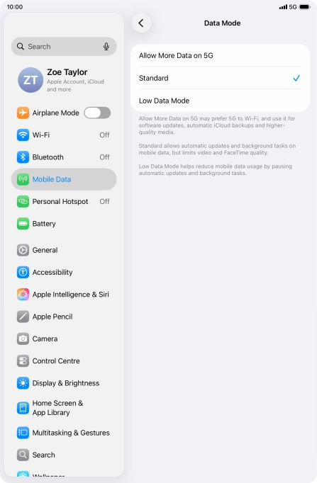 Press the required setting to turn the function on or off.