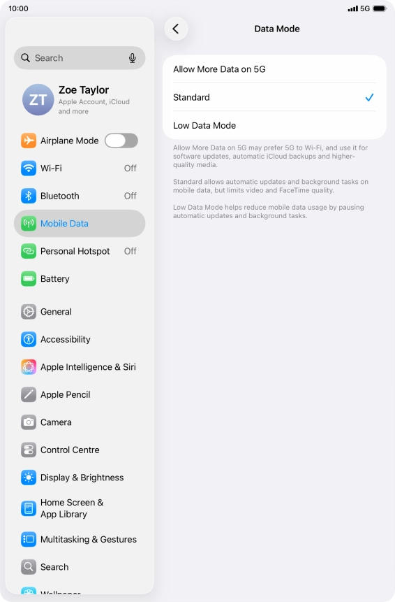 Press the required setting to turn the function on or off.