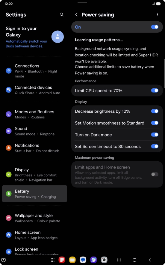 Press the indicators next to the required settings to turn the functions on or off.