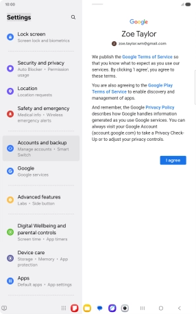Press I agree and follow the instructions on the screen to select settings for your Google account.