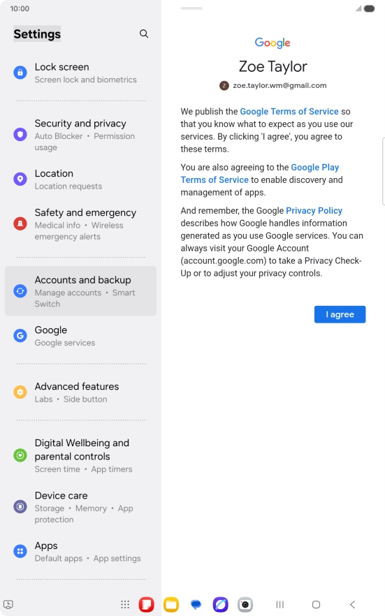 Press I agree and follow the instructions on the screen to select settings for your Google account.