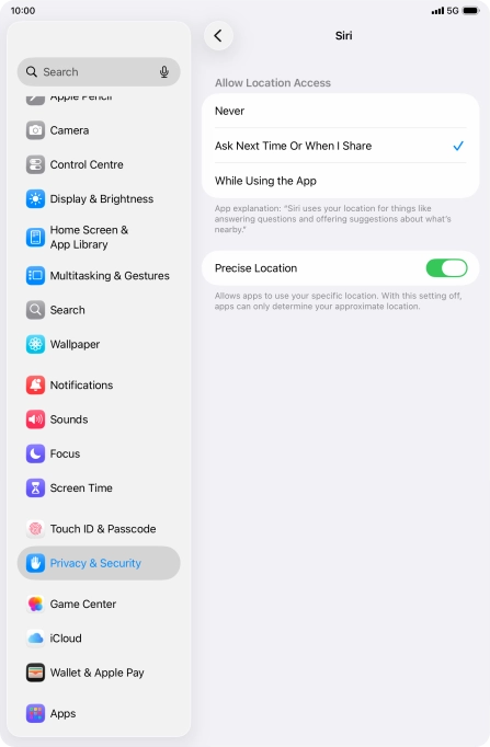 Press the required setting to turn the function on or off.