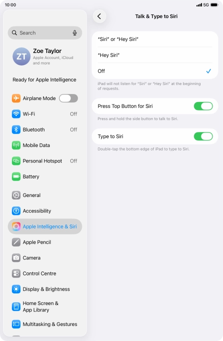 Press the required setting to turn the function on or off. If you turn on the function, you need to follow the instructions on the screen to set up Siri to recognise your voice.