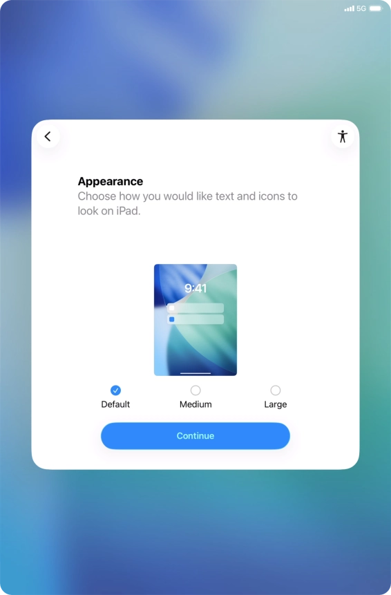 Select the required text and icon size on your tablet and press Continue.