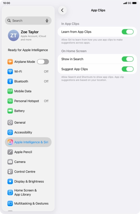 Press the indicators next to the required settings to turn them on or off.