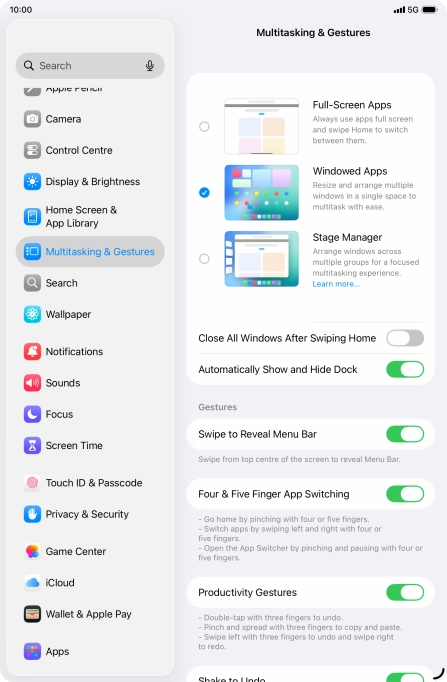 Press the indicators next to the required settings to turn them on or off.
