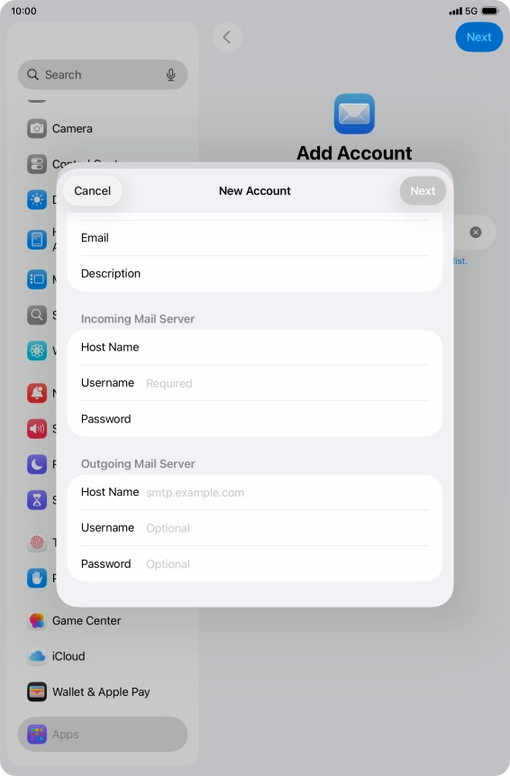 Press Username and key in the username for your email account.