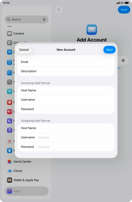Press Username and key in the username for your email account.