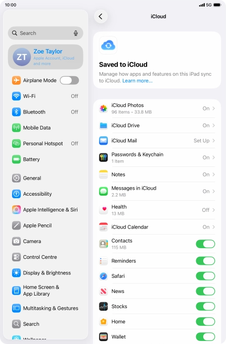 Press the indicators next to the required data types to turn synchronisation of each data type on or off.