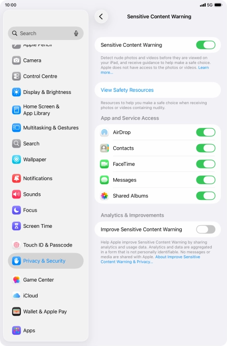 Press the indicators next to the required applications to turn the function on or off.
