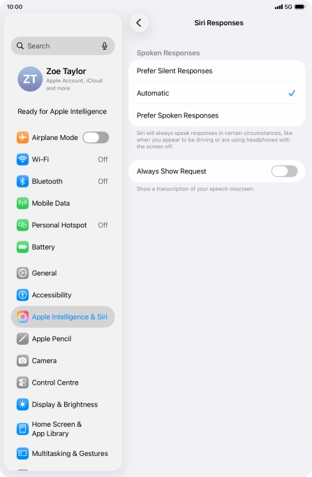 Press the required setting.
