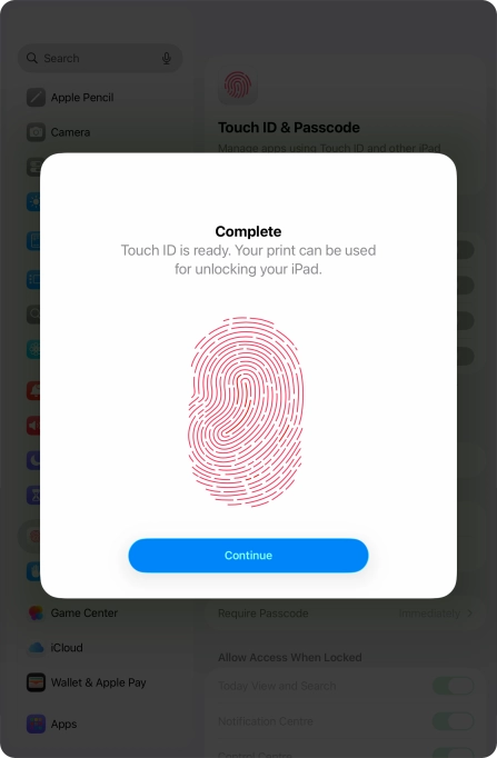 Press Continue. If you haven't previously selected a lock code, key in a code of your own choice twice.