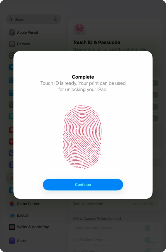 Press Continue. If you haven't previously selected a lock code, key in a code of your own choice twice.