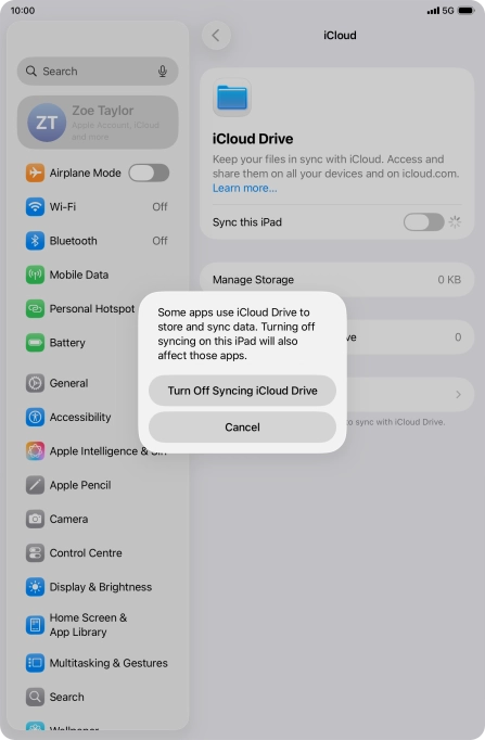 If you turn off the function, press Turn Off Syncing iCloud Drive.