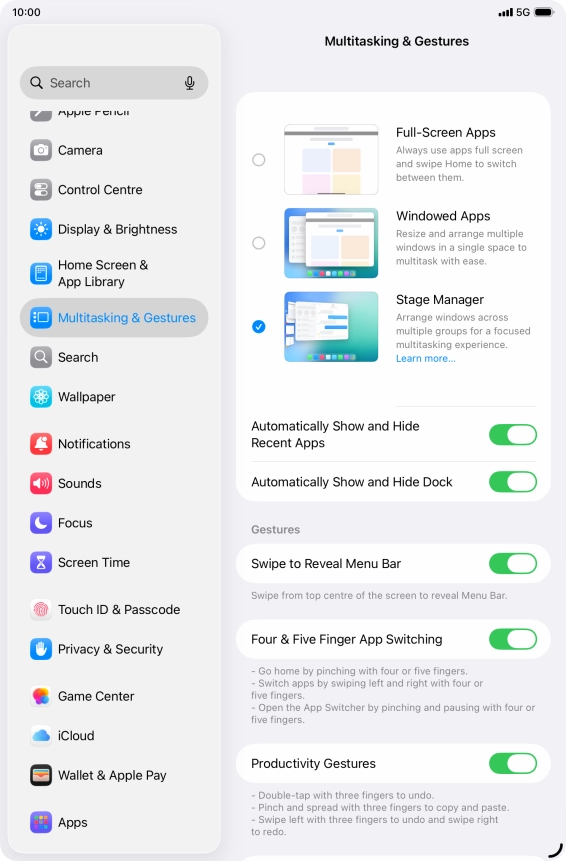 Press the indicators next to the required settings to turn them on or off.