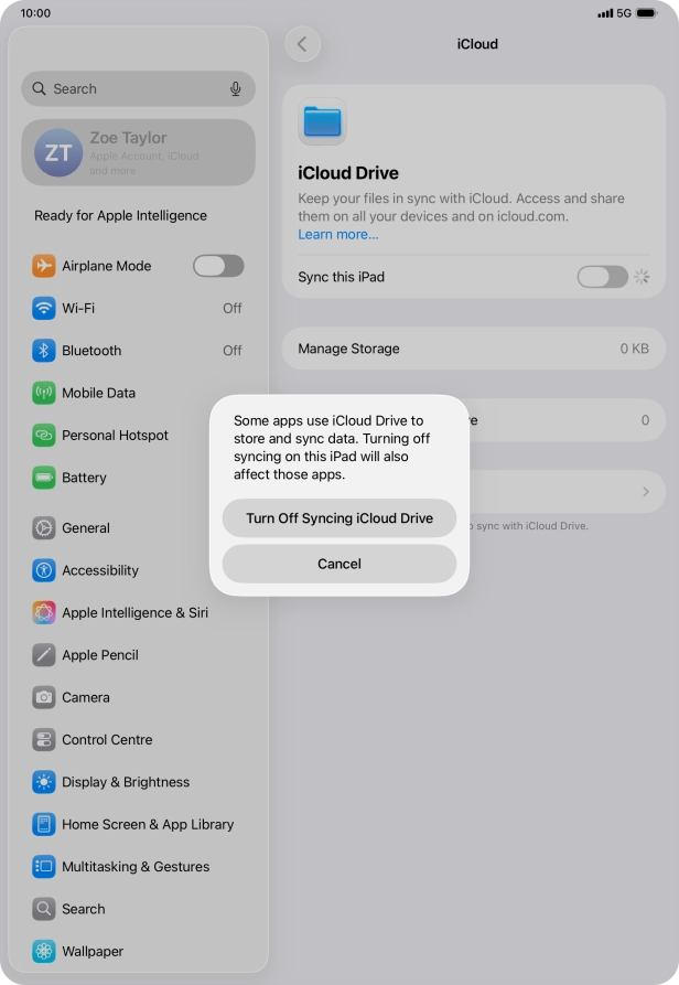 If you turn off the function, press Turn Off Syncing iCloud Drive.