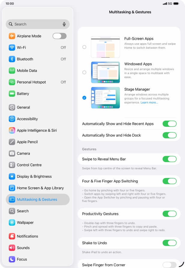 Press the indicators next to the required settings to turn them on or off.