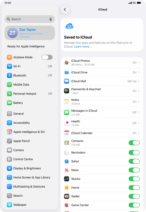 Press the indicators next to the required data types to turn synchronisation of each data type on or off.