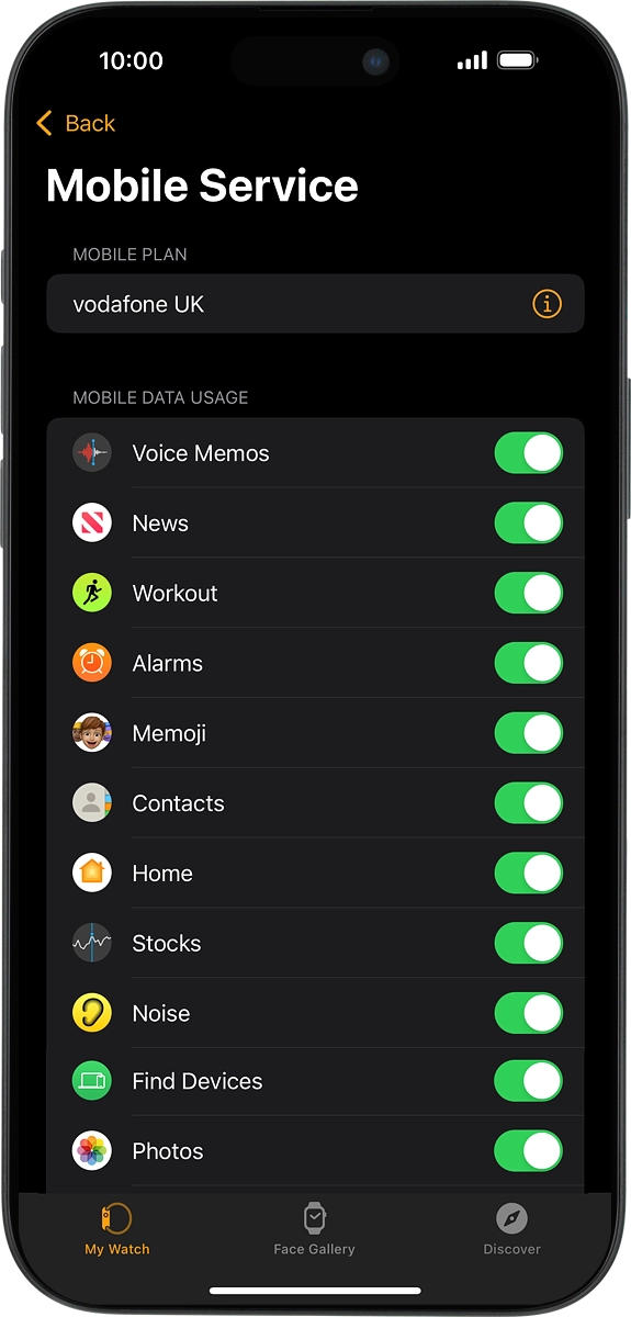 On your phone: If you've bought your Apple Watch from Vodafone, you already have a OneNumber Connectivity price plan and this screen, showing the active price plan, should be displayed.