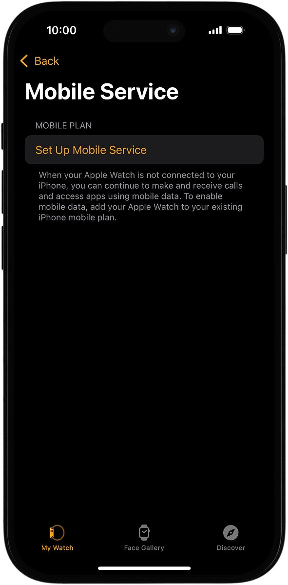 On your phone: If you've bought your Apple Watch elsewhere than from Vodafone, press Set Up Mobile Service and follow the instructions on the screen to set up mobile data.