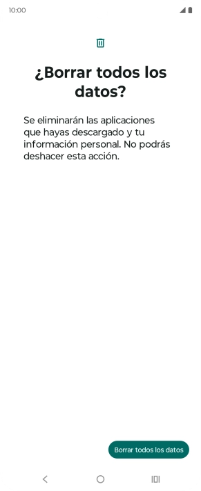 Pulsa Borrar todos los datos. Espera unos instantes mientras el teléfono restablece la configuración predeterminada. Sigue las indicaciones de la pantalla para configurar el teléfono y dejarlo listo para su uso.