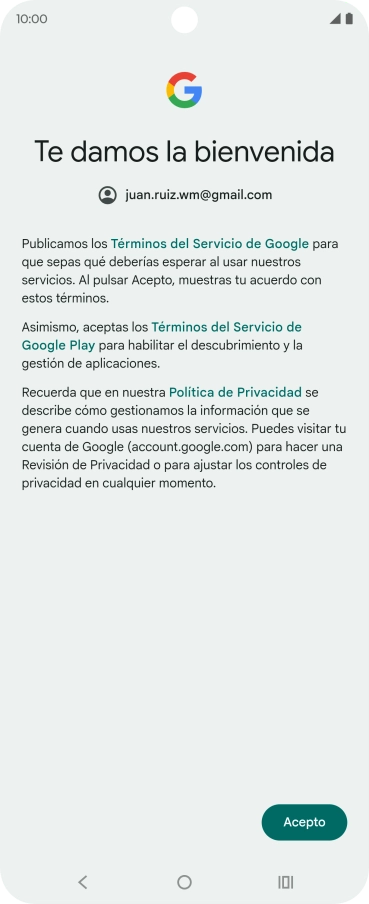 Pulsa Acepto y sigue las indicaciones de la pantalla para seleccionar los ajustes de tu cuenta de Google.