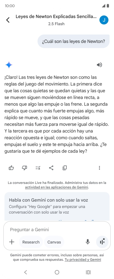 La transcripción de la conversación con Gemini Live aparece ahora en la pantalla.