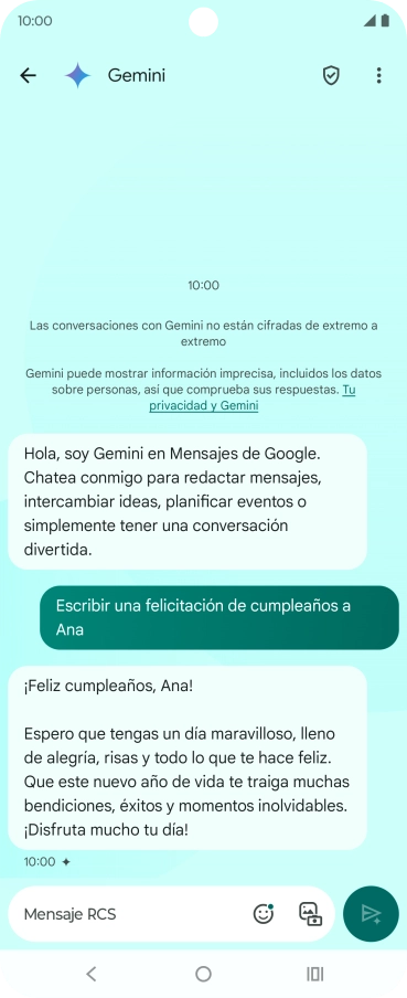 La propuesta de texto de Gemini se visualiza ahora en la pantalla.