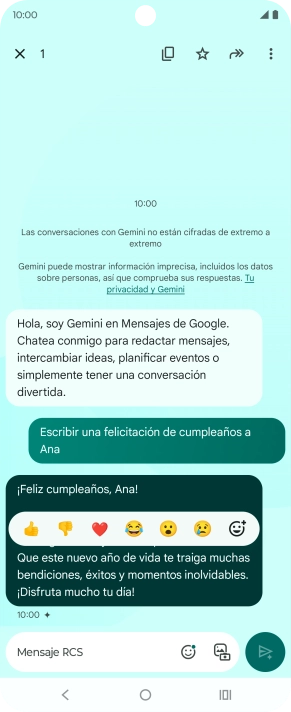 Pulsa la propuesta de texto de Gemini durante unos instantes. Sigue las indicaciones de la pantalla para utilizar el texto propuesto.
