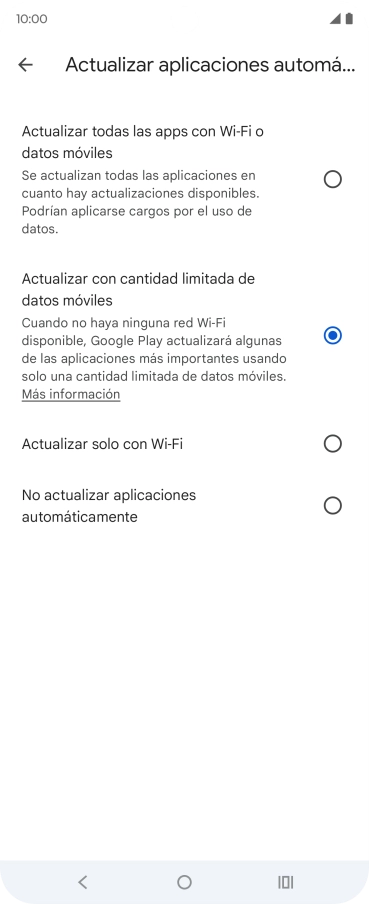Para activar la actualización automática de apps utilizando la red móvil, pulsa Actualizar todas las apps con Wi-Fi o datos móviles.