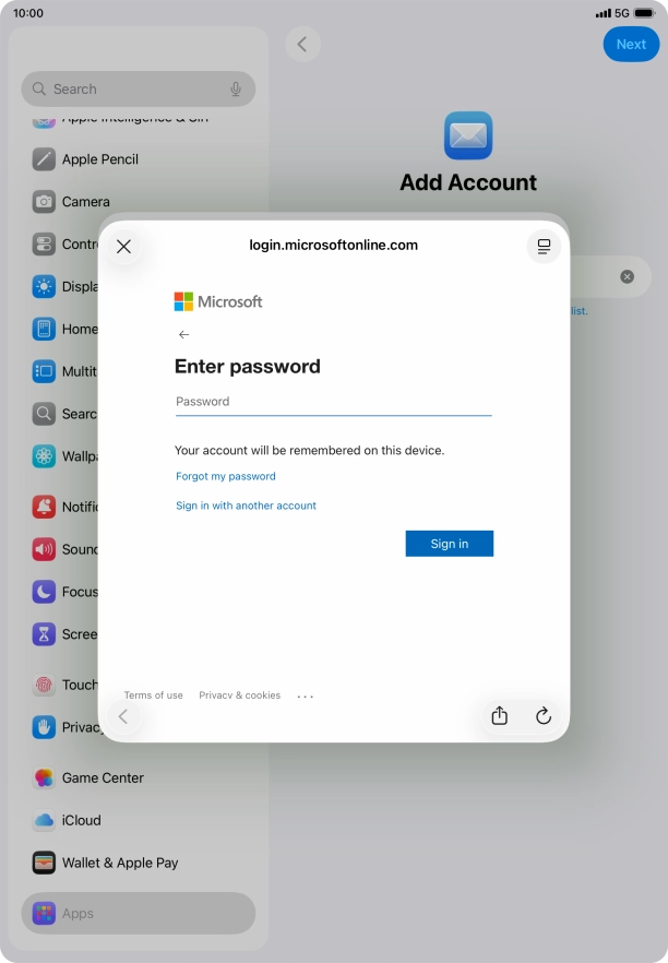 Press Password and key in the password for your email account.