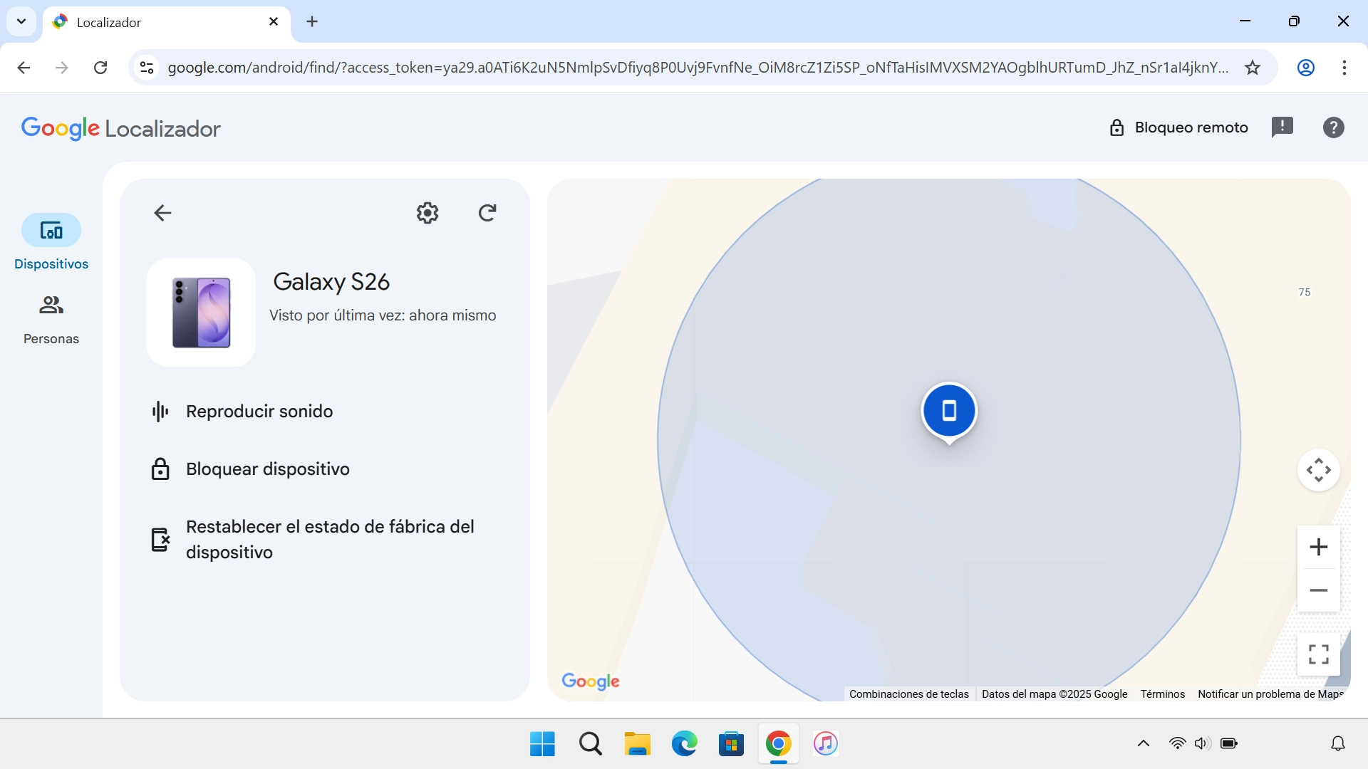 La última posición del teléfono se visualiza en el mapa.