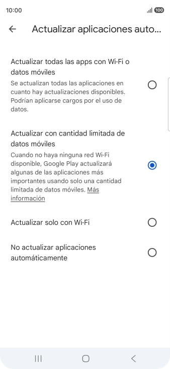 Para activar la actualización automática de apps utilizando la red móvil, pulsa Actualizar todas las apps con Wi-Fi o datos móviles.