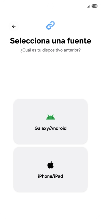 Pulsa el ajuste deseado y sigue las instrucciones de la pantalla para transferir el contenido del otro teléfono.