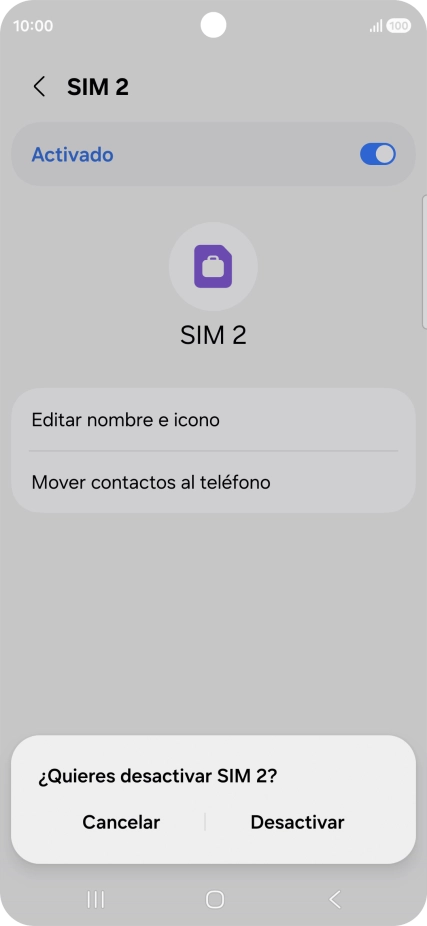 Si desactivas el uso de la línea móvil (SIM), debes pulsar Desactivar.