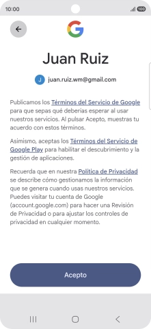 Pulsa Acepto y sigue las indicaciones de la pantalla para seleccionar los ajustes de tu cuenta de Google.