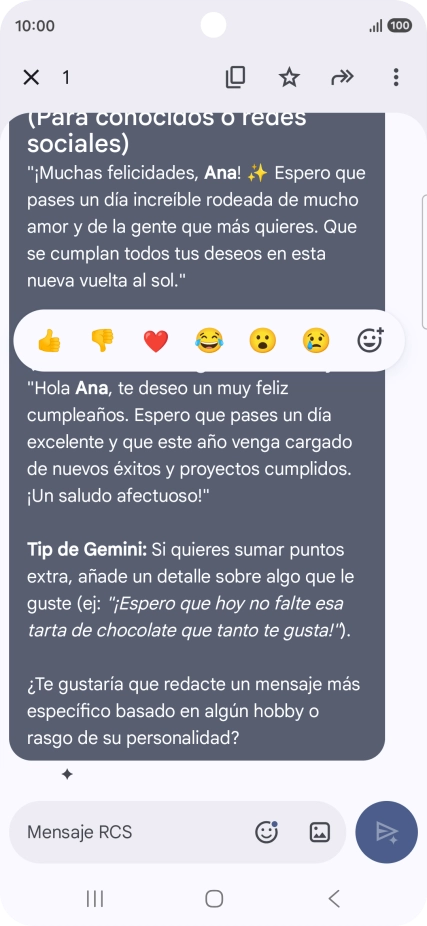Pulsa la propuesta de texto de Gemini durante unos instantes. Sigue las indicaciones de la pantalla para utilizar el texto propuesto.
