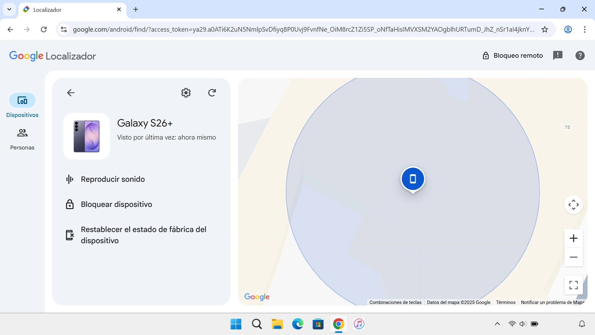 La última posición del teléfono se visualiza en el mapa.
