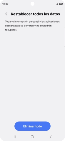 Pulsa Eliminar todo. Espera unos instantes mientras el teléfono restablece la configuración predeterminada. Sigue las indicaciones de la pantalla para configurar el teléfono y dejarlo listo para su uso.