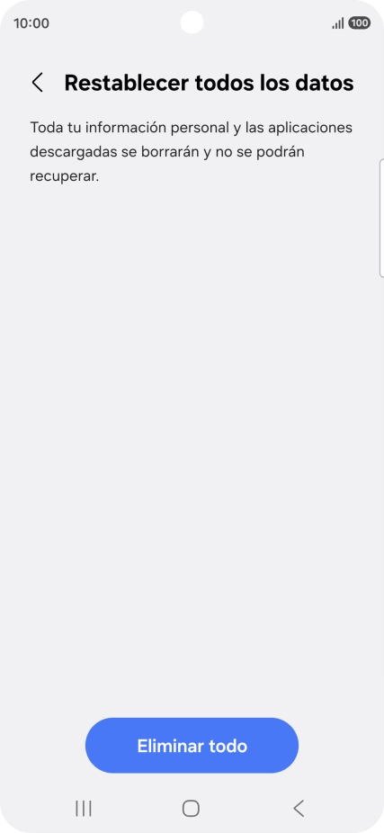 Pulsa Eliminar todo. Espera unos instantes mientras el teléfono restablece la configuración predeterminada. Sigue las indicaciones de la pantalla para configurar el teléfono y dejarlo listo para su uso.