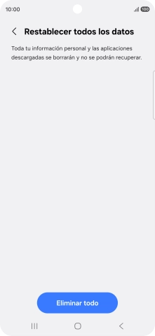 Pulsa Eliminar todo. Espera unos instantes mientras el teléfono restablece la configuración predeterminada. Sigue las indicaciones de la pantalla para configurar el teléfono y dejarlo listo para su uso.