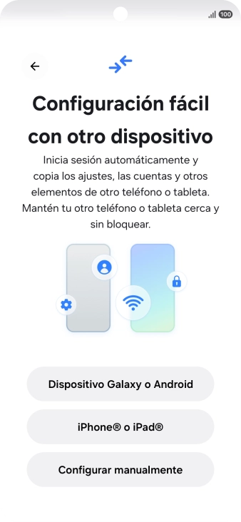 Pulsa la opción deseada para transferir contenido desde otro dispositivo y pulsa Configurar manualmente.