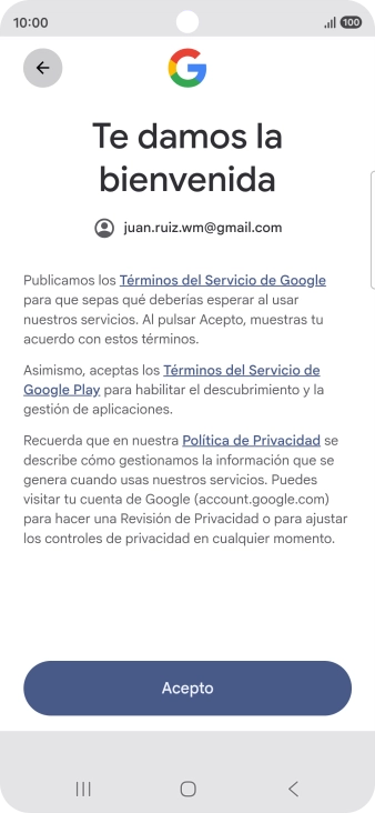 Pulsa Acepto y sigue las indicaciones de la pantalla para seleccionar los ajustes de tu cuenta de Google.