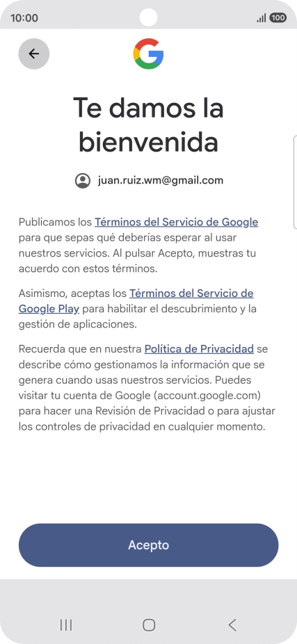 Pulsa Acepto y sigue las indicaciones de la pantalla para seleccionar los ajustes de tu cuenta de Google.