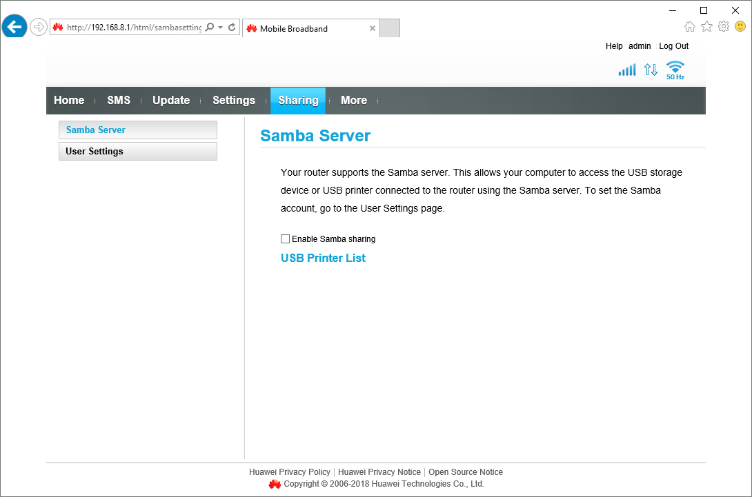 In Sharing you can select settings for file sharing on connected devices, such as USB storage devices.