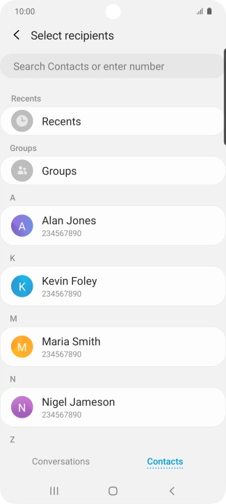 Press the search field and key in the first letters of the recipient's name.