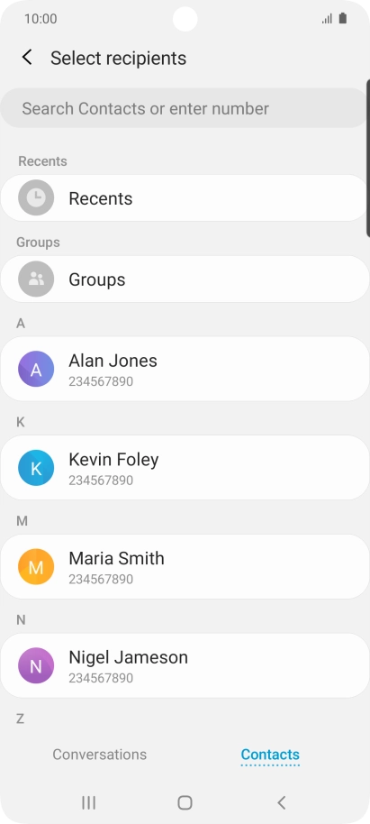 Press the search field and key in the first letters of the recipient's name.