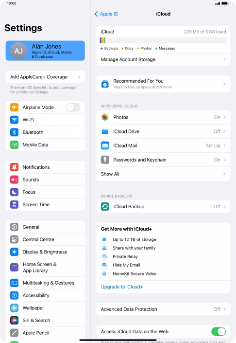 Press iCloud Backup.